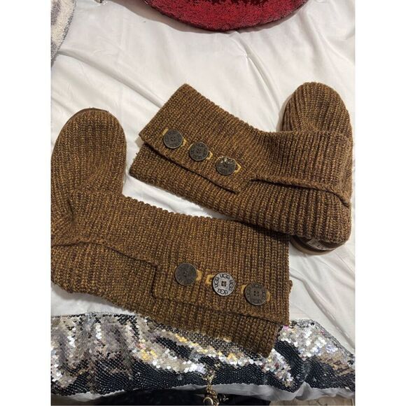 Sz 7 sweater knit tan gold/brown Cardy UGG boots tall or fold over wear - Picture 3 of 13